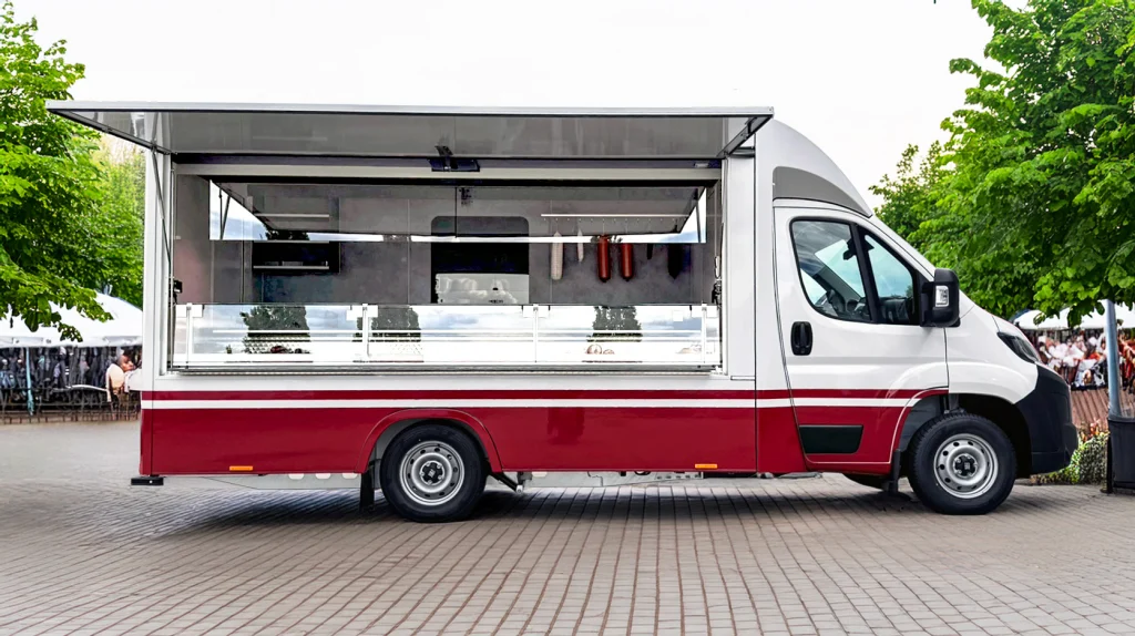 Tourenverkaufsmobil auf einem Wochenmarkt