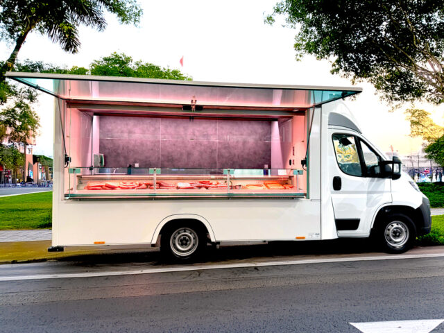 Tourenmobil mit Kühltheke Gesamtansicht vor einem Park
